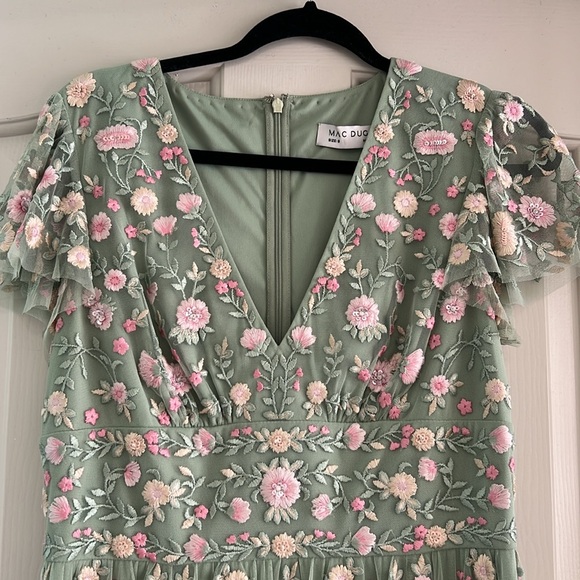 MAC DUGGAL EMBROIDERED V NECK CAP SLEEVE FLORAL APPLIQUÉ MIDI DRESS - SAGE - NEW - Picture 3 of 9